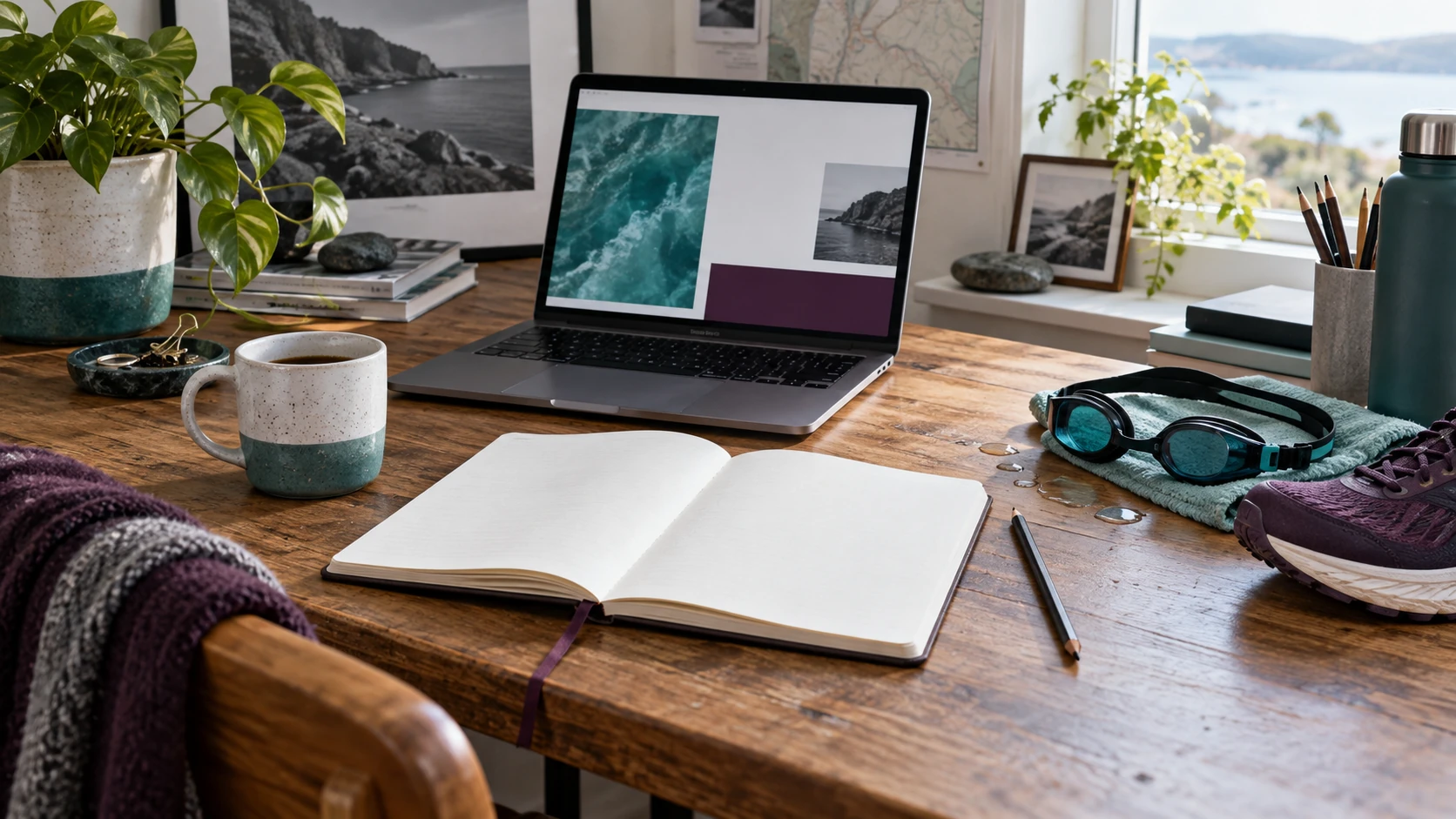 AI-generated concept: Editorial desk with an open notebook, laptop, swimming goggles and running shoe