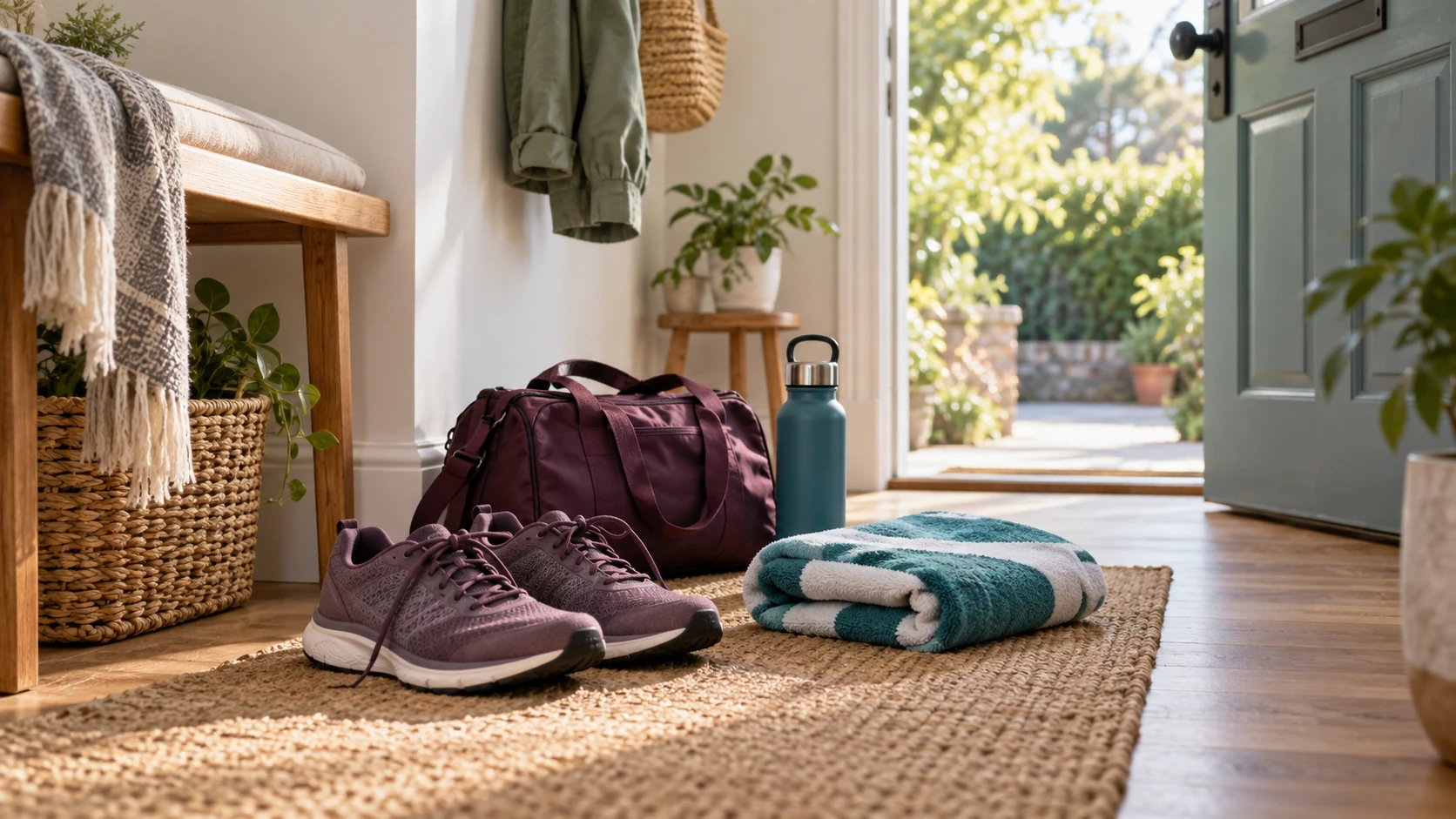 AI-generated concept: Walking shoes, swim towel, water bottle and sports bag ready by an open door