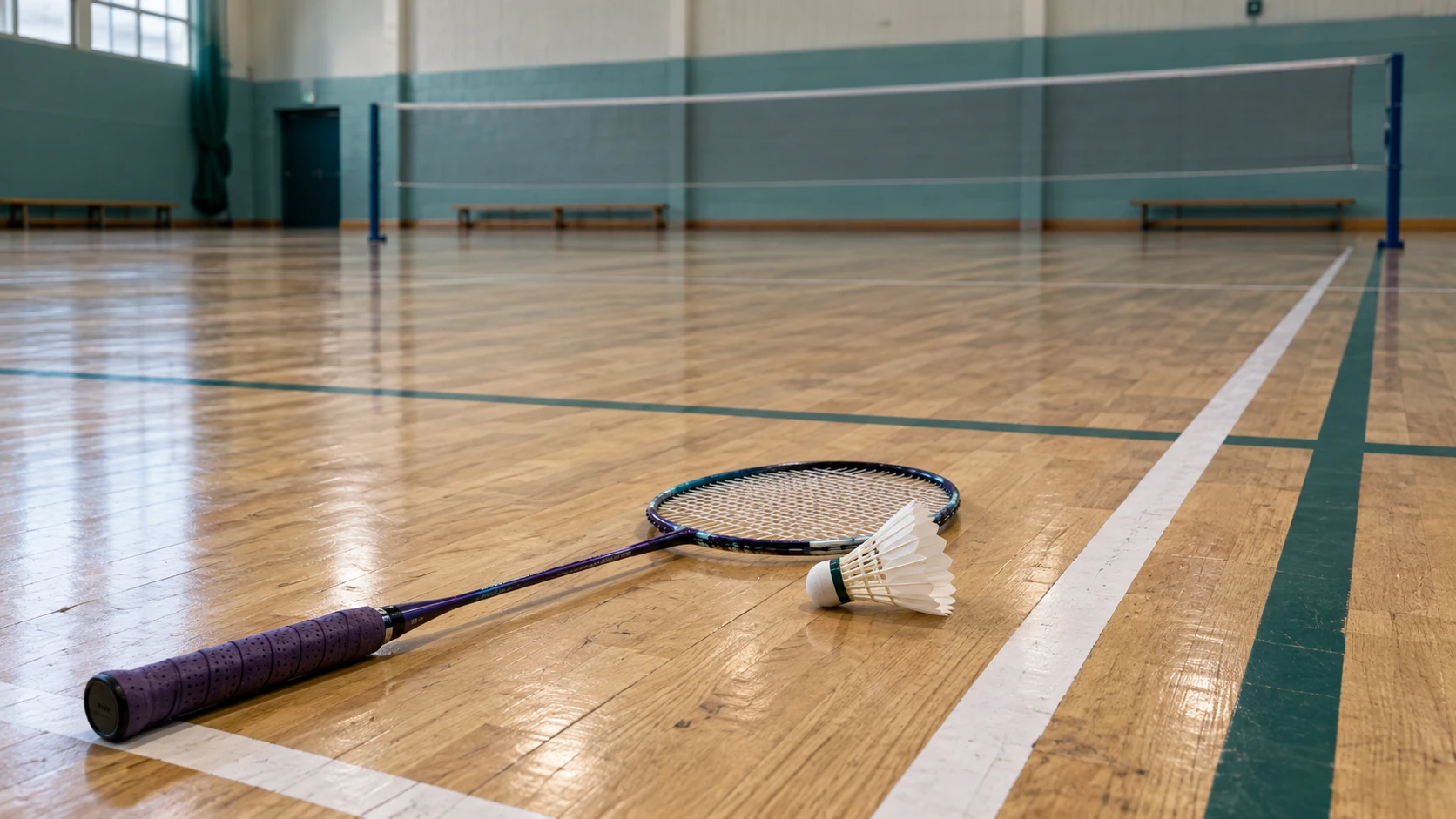 AI-generated concept: Badminton racket and shuttlecock resting on an empty indoor court