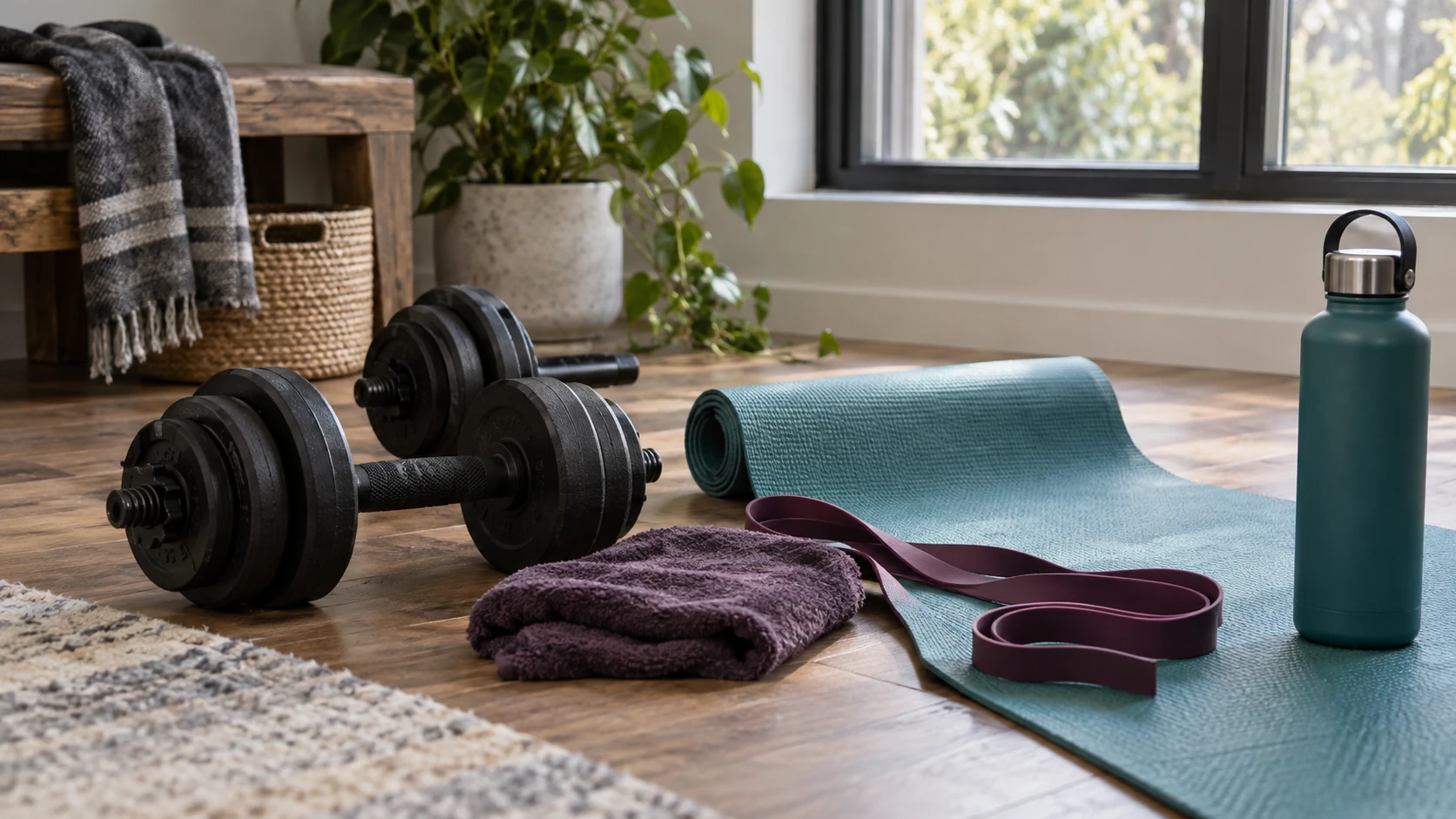 AI-generated concept: Dumbbells, exercise mat, resistance band and water bottle arranged for a workout