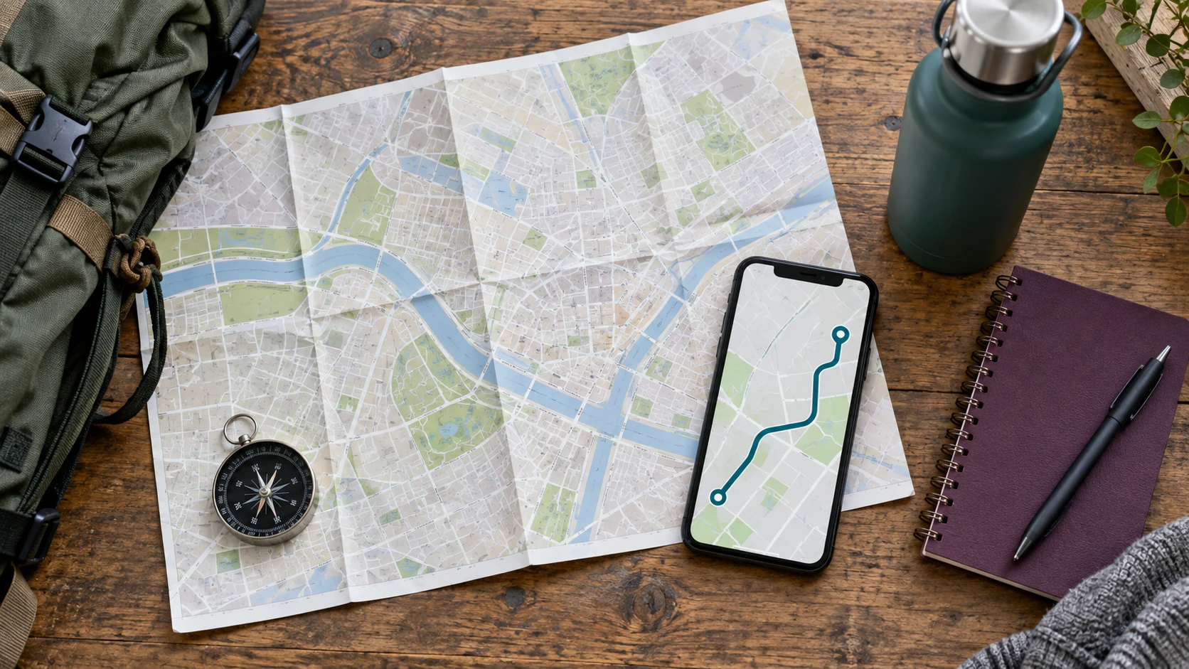 AI-generated concept: Folded map, compass, phone route, notebook and water bottle on a table