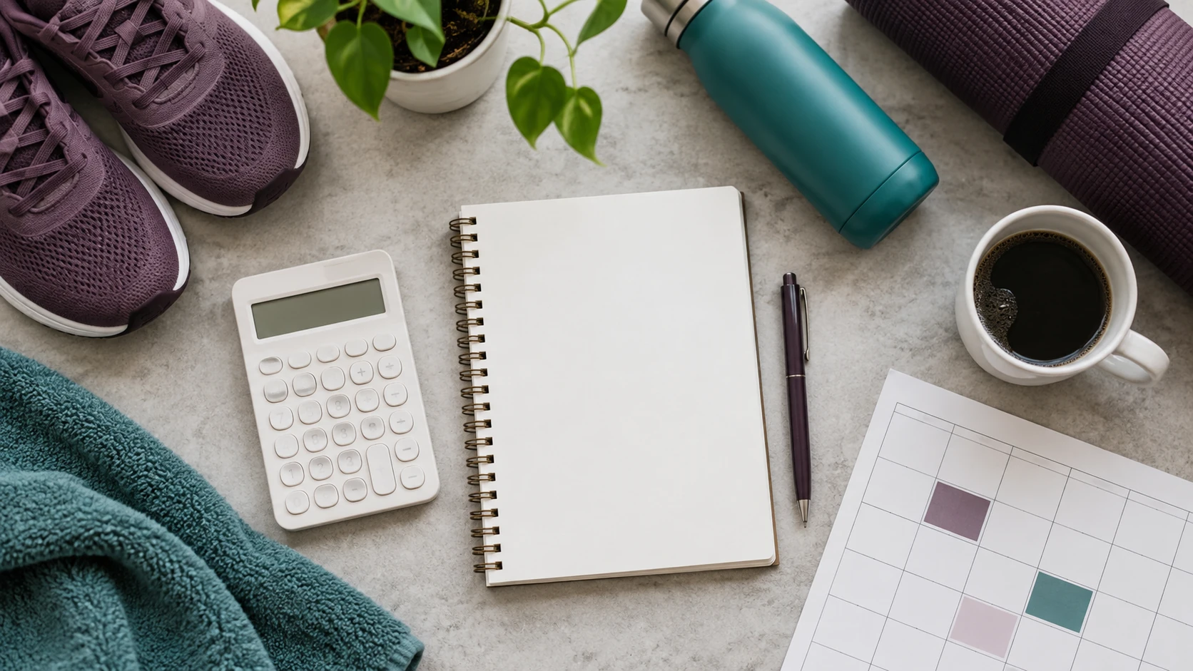 AI-generated concept: Blank notebook, calculator, trainers and calendar arranged for routine planning
