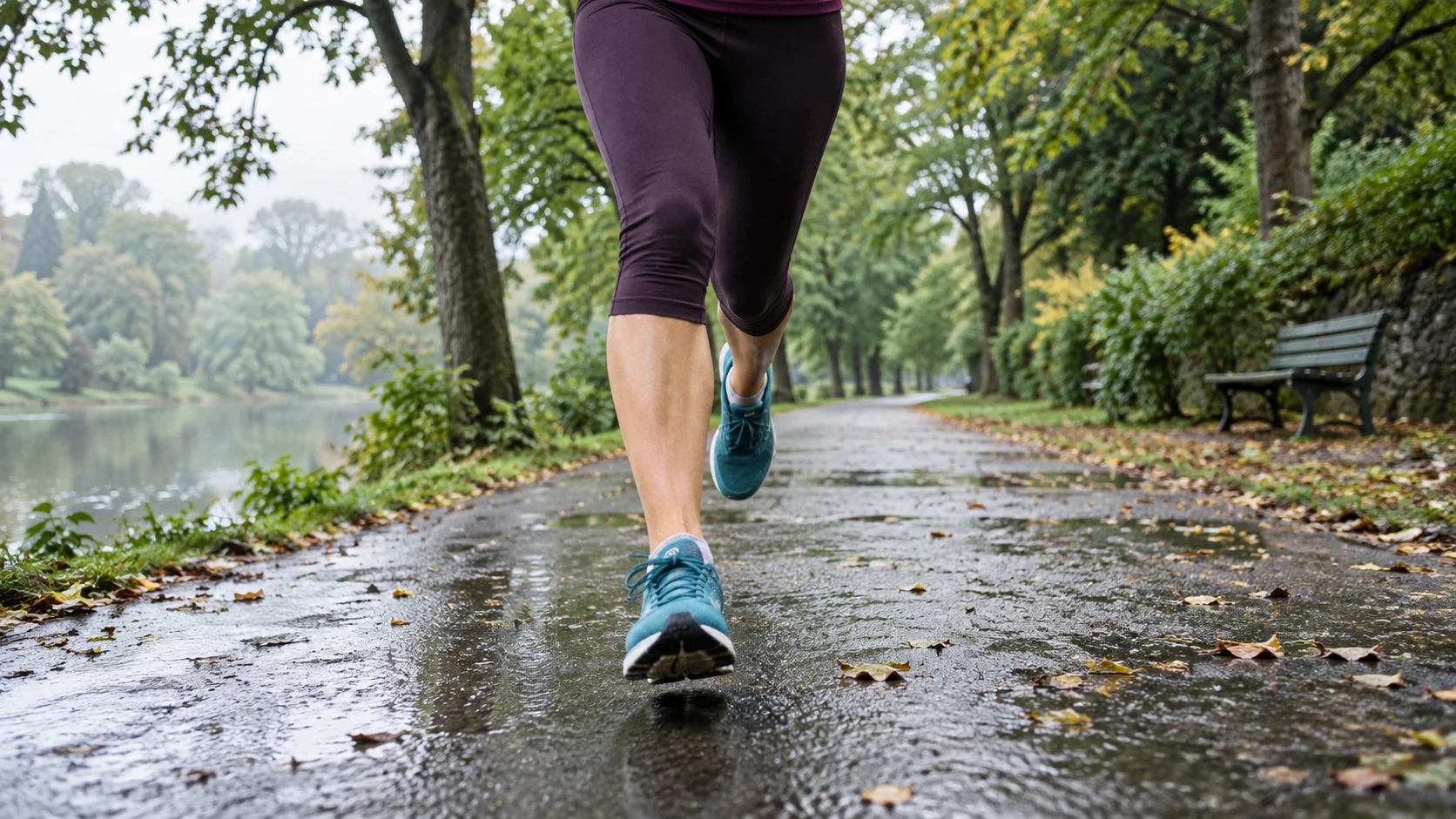 AI-generated concept: Runner moving at an easy pace along a damp tree-lined park path