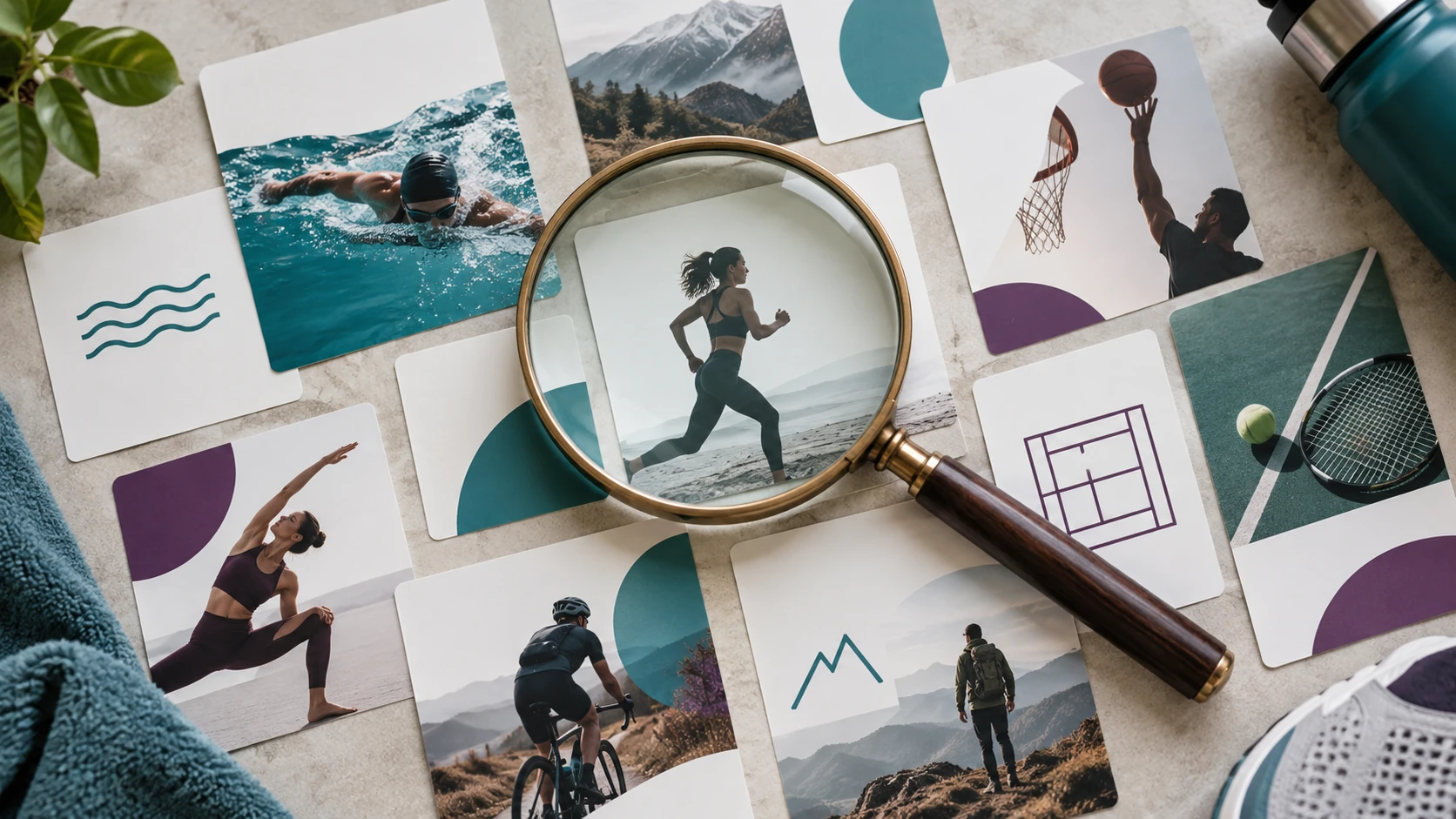 AI-generated concept: Magnifying glass over cards illustrating swimming, running and court sports