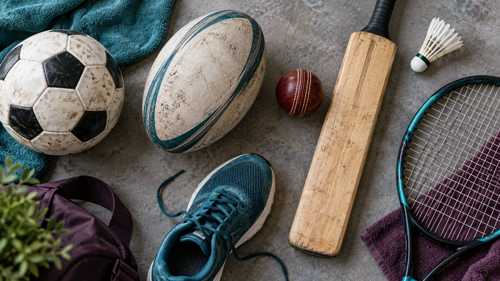 AI-generated concept: Football, rugby, cricket, tennis, badminton and running equipment arranged together