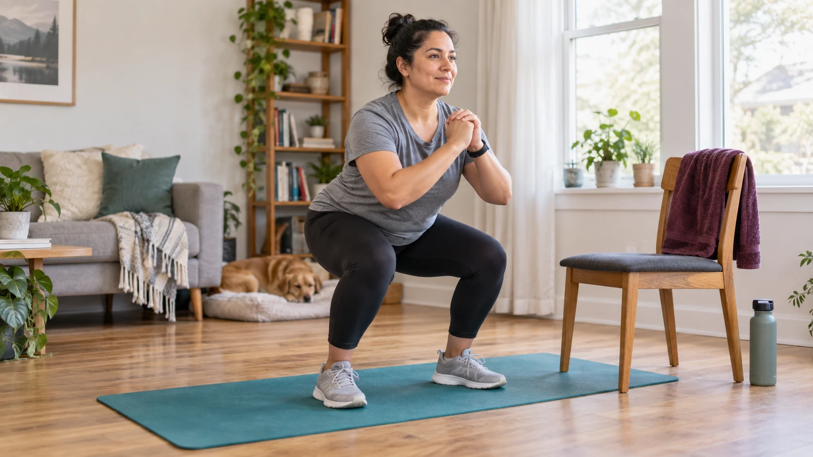 AI-generated concept: Adult completing a controlled bodyweight squat beside a chair at home