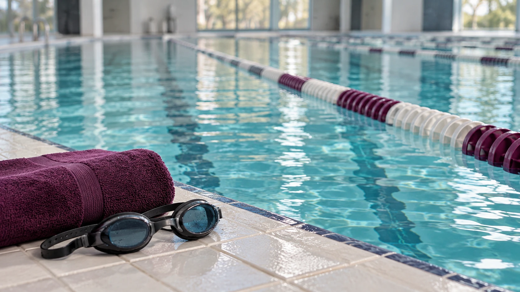 AI-generated concept: Swimming goggles and a folded towel beside a quiet indoor lap pool